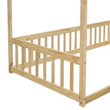 Twin Size Canopy Frame Floor Bed with Fence, Guardrails,Natural W504P143279