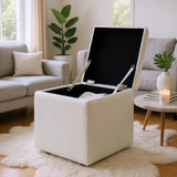 Beige Linen-Textured Storage Ottoman with Black Rubber Feet Compact Square Seat with Hidden 96142875