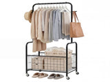 3-in-1 Rolling Clothes Rack with Storage Basket & Hooks, Metal Garment Rack for Laundry Bedroom 30051381