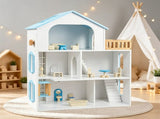 3-Floor Wooden Dollhouse for Kids, 5 Play Areas Pretend Play House with Movable Elevator & Stairs, 12701287