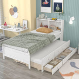 ZUN Twin Bed with Bookcase,Twin Trundle,Drawers,White 53778862