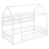Twin Size Metal Bed House Bed Frame with Fence and Shelves, White N737P175360K