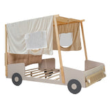 Wood Full Size Car Bed with Pillow, Ceiling Cloth and LED, Natural WF309289AAM