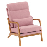 High Back Solid Wood Armrest Backrest Iron Frame Linen Indoor Leisure Chair Pink 73053534