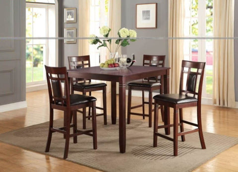 ZUN Modern Contemporary 5pc Counter Height Dining Set Cherry / Brown Finish Unique Eyelet Back 4x Chairs HS00F2252