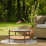 31.5in Rattan Coffee Table with Glass Top, Round End Table, Boho Style Side Table Sofa End Table for 55056269