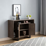 ZUN Wine Cabinet, Kitchen Bar Display Cabinet with 4 Shelves & Center Cabinet- Walnut Oak & Black B107130947