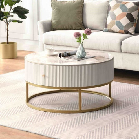 ZUN 31.5 Inch Modern Round Coffee Table with Drawers, Marble Table with Storage, Coffee Table for Living W821P184399