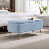 Blue Storage Ottoman Bench for End of Bed Gold Legs, Modern Grey Faux Fur Entryway Bench Upholstered W1170104171