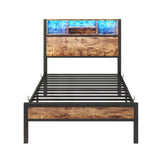 Twin Size Bed Frame with Storage Headboard, Metal Platform Bed with Charging Station, Bookcase W840P294072