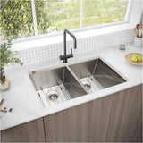 ZUN 32" L X 19" W Undermount 50/50 Double Bowl 16 Gauge 304 Stainless Steel Kitchen Sink With Sink Grid W1225P250675