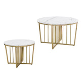 ZUN Modern Round Nesting Coffee Table Set 2-Piece White & Marbling Top Gold Base WF320654AAK