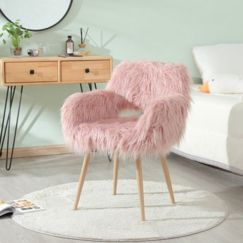 ZUN PINK Faux Fur Upholstered Make up chair Side Dining Chair with Metal Leg W2069P174779