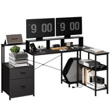 L Shaped Gaming Desk with File Drawer, 73" Reversible L Shaped Computer Desk with Power Outlet & LED 49101897