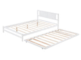 Full Size Platform Bed with Adjustable Trundle,White 67335800