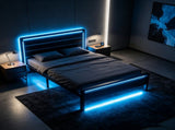 Twin Size Metal Bed Frame with 3-Panel Wood Grain Headboard, Built-in LED Light & Charging Station, 65759738