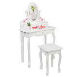 Children's Wooden Dressing Table Reversible Round Mirror Dressing Table Chair Three Drawers White 09401206