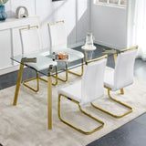 ZUN Modern minimalist style rectangular glass dining table with tempered glass tabletop and golden metal 09018407