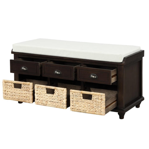 ZUN Rustic Storage Bench with 3 Drawers and 3 Rattan Baskets, Shoe Bench for Living Room, Entryway 33922122