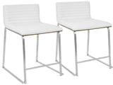 26" Contemporary Counter Stool in Brushed Stainless Steel, Walnut Wood, and White Faux Leather - Set B202P222390