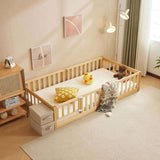 Fence bed with door and decking, natural wood color, painted surface, pine wood, twin children's bed 24575857