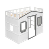 ZUN Twin Size House Loft Bed With Ladder-White+Gray Frame 33348221