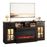 70-inch Black Gold Oak Electric Fireplace TV Stand - 2 Lattice Glass Doors, 2 Drawers & Shelf, 87298241