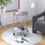 Round Coffee Table with Wheels 2-Tier Movable Side Tables Silver Metal Detachable Bedside Nightstand W1757P336139