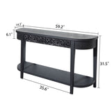 59.2in Black Carved Wooden Console Table with Lower Storage Shelf Tow Drawers Elegant Decorative W2729P270742