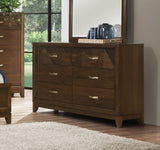 ZUN Modern Bedroom Walnut Finish 1pc Dresser of 6 Drawers Decorative Angled Front Satin Brass Tone B011P216648