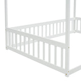 Full Size Canopy Frame Floor Bed with Fence, Guardrails,White W504P143282