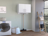 Wall cabinet 27" H, three broom hangers and metal handles, two internal shelves, two doors, white B097132881