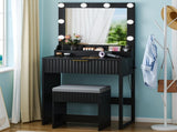 Black particleboard with a 3-compartment, 1-drawer dressing table set with 8 three-tone light bulbs, 72143502