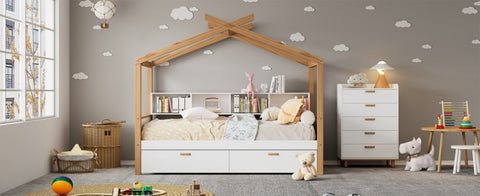 ZUN White Twin Size Wooden House Bed Original Wood Colored Frame with Two Drawers and Bookshelf Storage WF531033AAK