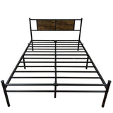 Full Size Metal Bedframe with Wood Panel Headboard - BlackBrown W3286P308720