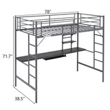 Twin Size Metal Bed with Desk and Storage Shelves, 2 Built-in Ladders & Full-Length Guardrails, 46259316