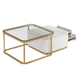 ZUN Modern 2 Pieces White Square Nesting Coffee Table with Drawers & Electroplated gold legs in 27.6'' WF325925AAK