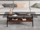 Rectangle Coffee Table with Tempered Glass top and Brown MDF Shelf, Modern Table for Living Room, W241142564