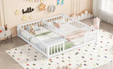 Double Twin Floor Bed with Fence, Guardrails, without door, White 37744042