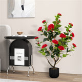 2 PCS 38 Inch Artificial Camellia Tree Faux Flower Plant in Cement 28367252