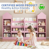 Pink Kids Wooden Bookshelf Toy Storage Organizer with Bookcase, Kid's Bin Storage Unit with 6 W2876P233556