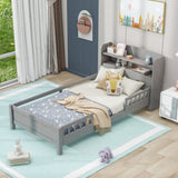 Wood Twin Size Platform Bed with Built-in LED Light, Storage Headboard and Guardrail, Antique Grey WF308150AAE
