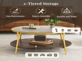 Modern Round Walnut 2-Tiered Coffee Table with Glass Top and Gold Base for Living Room, 29.9" N735P350390D