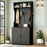ON-TREND Farmhouse 4-in-1 Hall Tree with Barn Doors, Movable Bench with 7 Hanging Hooks and Shoe N721P205788B