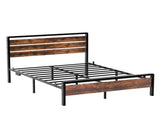 Queen Size Metal Wood Platform Bed Frame, 3-Panel Fire Burnt Brown Wood Grain Headboard with LED 63949330
