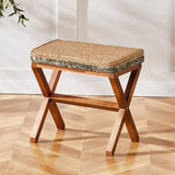 ZUN Amazon Shipping Ottoman Footstool Natural Seagrass Footrest Pouf Ottomans with X Wooden Legs 03665864