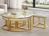 Modern Round Coffee Table Set with 4 Nesting Stools, Tempered Glass Top & Gold Metal Frame, Space N735P525144K