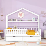 Wooden Full Size House Bed with 2 Drawers,Kids Bed with Storage Shelf, White WF308873AAK