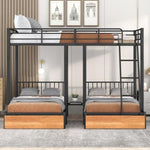 ZUN Full Over Twin & Twin Bunk Bed, Metal Triple Bunk Bed with Drawers and Guardrails, Black 03152856