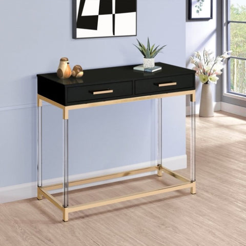 ZUN Black High Gloss and Gold Console Table with 2 Drawers B062P185721